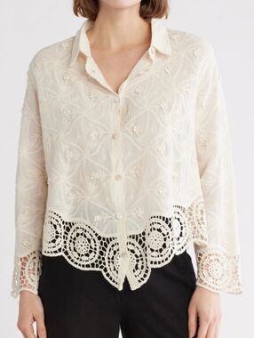 Women's Cream Embroidered Lace-Trim Button-Front Top